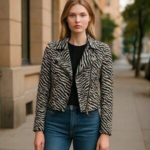 Louben Moto Zebra Print Wool Blend Womens Jacket Size 10  Asymmetric Zipper